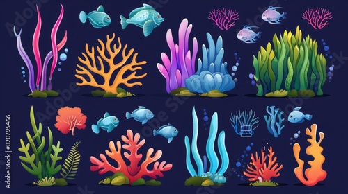 Cartoon set of seaweed and coral. Modern illustration of underwater ocean plants and reefs. Marine or aquarium bottom with tropical bright creatures. Undersea flora elements depicting exotic sea