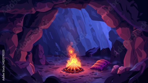 A wooden cave with a sleeping bag near a bonfire. Modern illustration of fire burning in a cave, smoke filling a narrow mountain tunnel, and a tourist overnighting equipment on the ground.
