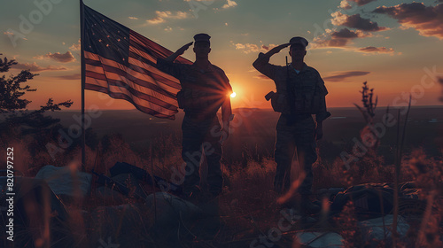 Soldiers saluting the sun in front of a flag, suitable for patriotism, national holidays, military events, Memorial Day designs.