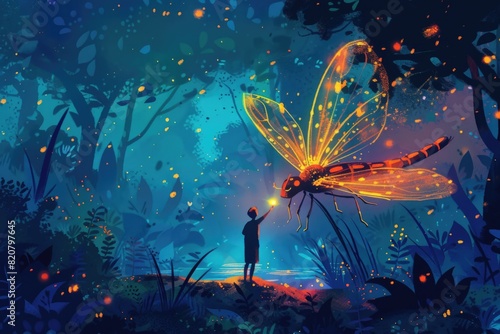 A person holding a dragonfly in a forest. Suitable for nature and wildlife themes