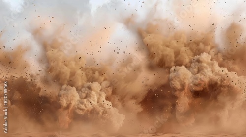 An illustration of a cloud of smoke with sand and soil particles. A realistic 3D modern illustration of a desert sandstorm wind effect on a transparent background. The smog from a car speeding is