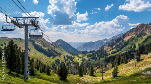 Albion Basin, Utah summer landscape with ski lift chairs on cables and cloudy clouds blue sky in rocky Wasatch mountains
