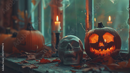 Halloween pumpkins with burning candle and skull 