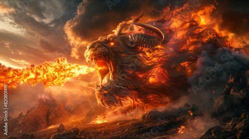 A terrifying Chimera with the heads of a lion, goat, and serpent, breathing fire amid a landscape of desolation