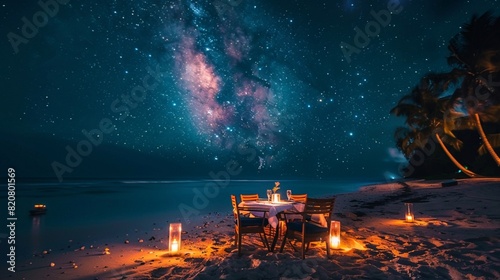 Amazing beach dinner setting under Milky Ways night sky. Luxury destination dining, honeymoon or anniversary dinner, flowers and candles for the best romantic experience. Stunning colorful outdoors