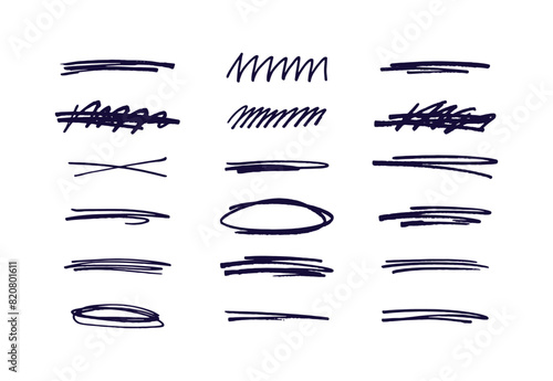 Hand drawn underline elements collection. Scribble grunge texture lines on white background set.