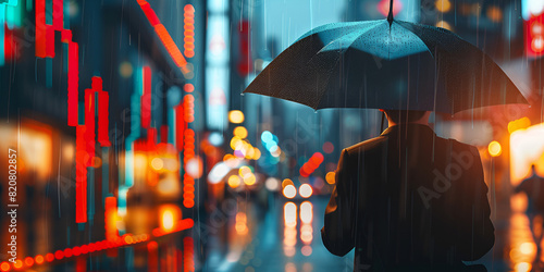 A man is seen walking down a street while holding an umbrella to shield himself from the rain A futuristic scene with binary rain similar to the Matrix movie