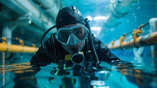 Engineer in a wetsuit examining fiber optic cable installations underwater
