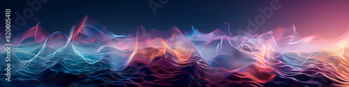 Design a digital artwork depicting the movement and vibration of sound waves in a fluid, wave-centric visual across a panoramic scene.