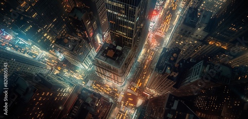 A panoramic view of a cityscape at night, seen from above, with twinkling lights and busy streets but without showing any people. 32k, full ultra hd, high resolution