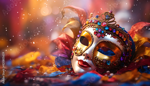 Colorful Venetian Carnival Mask with Feathers and Glitter Bokeh Background 