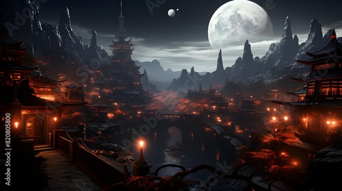 Fantasy landscape with temples and pagodas at night. 3d rendering