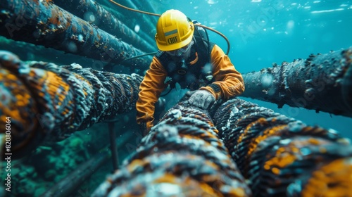 Engineer supervising underwater fiber optic cable installation, combined with oceanic cable paths