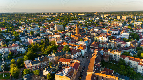 Aerial drone view of Tarnow townscape , Poland. Cathedral church of of Holy Family.