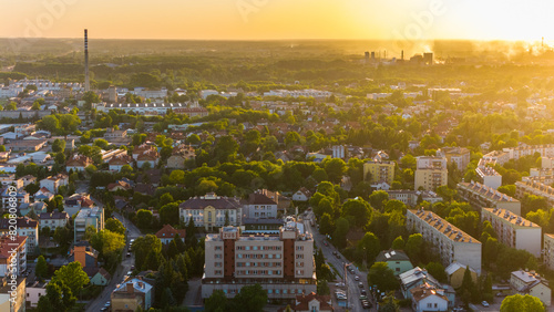 Aerial drone townscape of Tarnow city in Lesser Poland, Poland at sunset