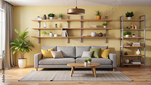 interior design of modern living room, home. Grey sofa and wooden shelve against pastel yellow wall