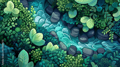 Design a digital artwork showcasing a river flowing through a forest, using a vector-based approach for a seamless background.