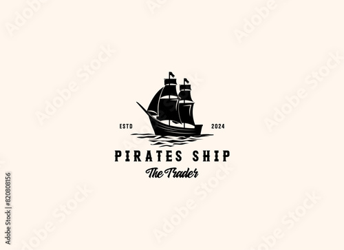 Vector illustration of Old Pirate Ship or Classic Merchant Sailing Vessel Boat on ocean sea waves for vintage nautical label logo