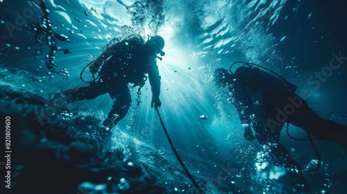 High-quality image of engineers deploying fiber optic cables underwater, overlaid with marine scenes
