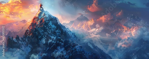 The image shows a majestic mountain range with a vibrant sky and a person standing on the peak. The scene is both beautiful and inspiring, and it evokes a sense of wonder and awe.