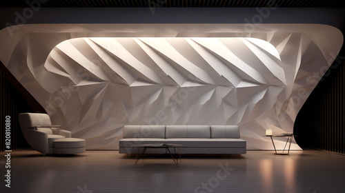 3d panel sculpture, bold, one color, fusion seamless, comfortable sofa, copyspace, ideal mockup, perfect productivity creativity themes, workplace, office, 3D rendering dec