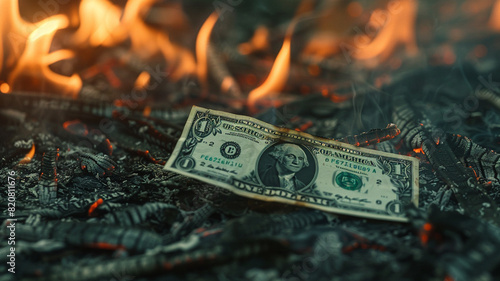 The dollar bill is burning on the ground