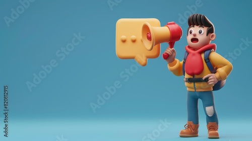 Illustration in 3D showing an important announcement, a megaphone in hand, and a speech bubble. An icon for social media on a blue background, isolated illustration.