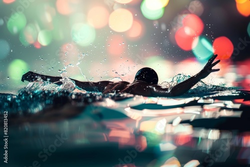 Final de waterpolo en los juegos olímpicos, Close-up nadador en la piscina fondo desenfocado con luces y flashes, partido de waterpolo 