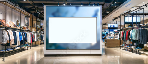 A clean, unmarked billboard panel installed within the clothing section of a department store, offering advertisers a platform to promote their brands and products with crisp clarity and captivating.
