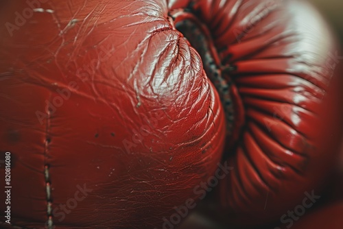 close-up guante de boxeo antiguo, ultima pelea antes de colgar los guantes, texturas de cuero rojo viejo