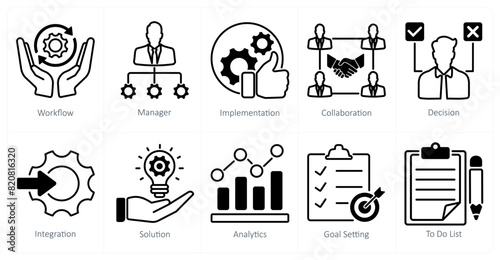 A set of 10 project management icons as workflow, manager, implementation