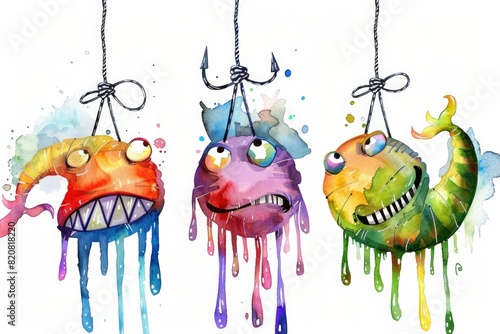 Three fish hanging from a hook, suitable for fishing or seafood concept