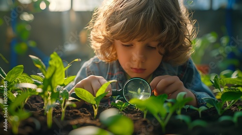 A young child using a magnifying glass to study plant growth in science class, showcasing the importance of detailed exploration and scientific curiosity during their early years.