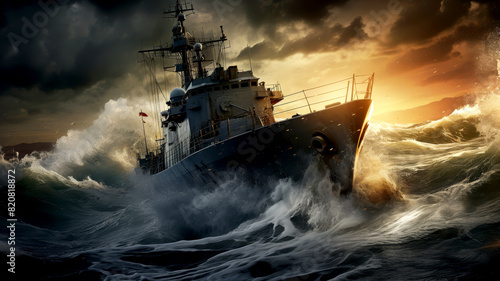 Warship sailing through rough seas during a storm, with turbulent waves and a dark sky,