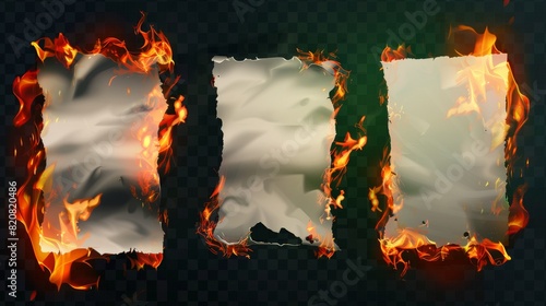 Burning paper sheets isolated on transparent background. Illustration of white pages with green flames smoldering over uneven edges and corners. Flames are destroying the document.
