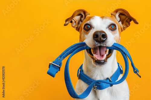 A dog holds a blue leash, symbolizing dog breed, working animal, and pet supply