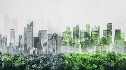 Skyline shifting from gray to green, representing the journey towards carbon neutrality and a greener urban environment. Carbon reduction