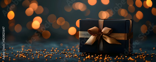 Elegant gift box with golden bow on festive background