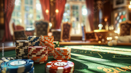 A casino table with various colorful poker chips scattered on it, online casino screensaver concept, banner, copy space