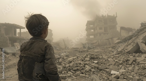 A child looking at the destruction after war