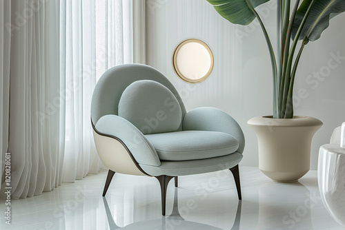 Elegant mint green armchair with a stylish golden decor in a bright room with a large window and a tropical plant in the corner