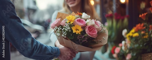 Woman receiving a bouquet of flowers from gentleman