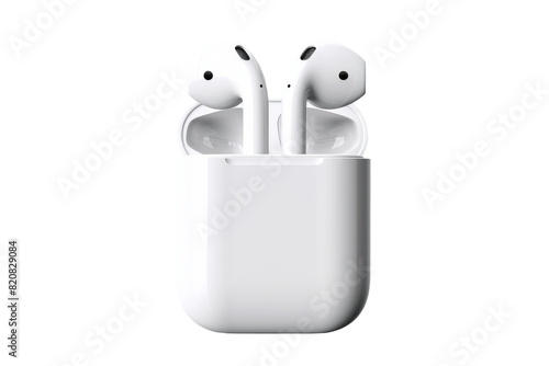 Symphony of Sound: Apple AirPods Nestled in Sleek Holder on a White or Clear Surface PNG Transparent Background.