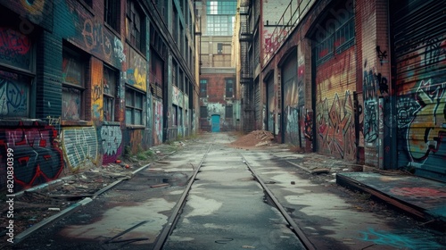 Dark vintage urban alley back yard with graffiti