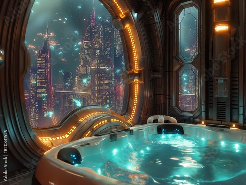 A futuristic city is visible through a window in a room with a large bathtub. The room is illuminated with neon lights, creating a futuristic and relaxing atmosphere