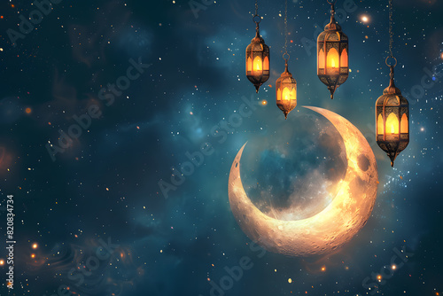 Enchanted ramadan night with crescent moon and lanterns