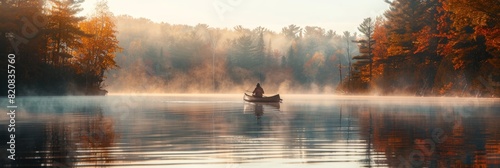 Solitary fisherman in a canoe during a serene autumn sunrise on a misty lake surrounded by colorful foliage and pine trees