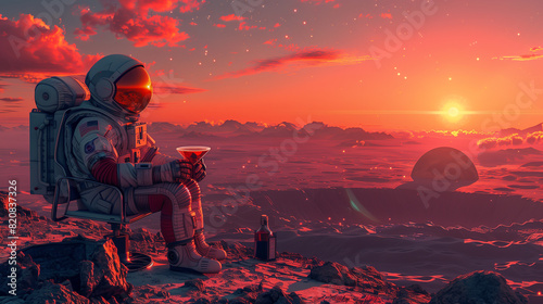 Astronaut relaxing on an alien planet, watching a sunset.