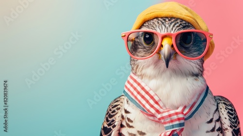 A bird wearing sunglasses and a scarf is looking at the camera with a serious expression. The background is a gradient of pink and blue.