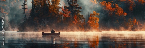 Solitary fisherman in a canoe during a serene autumn sunrise on a misty lake surrounded by colorful foliage and pine trees